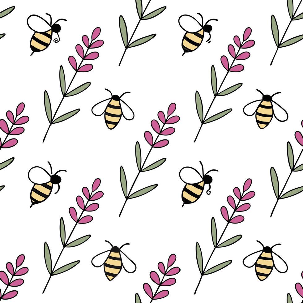 Heather and bees seamless pattern charming isolated white background perfect for spring textiles branding packaging concept as Charming heather and bees seamless pattern on a white Clean Pro vector