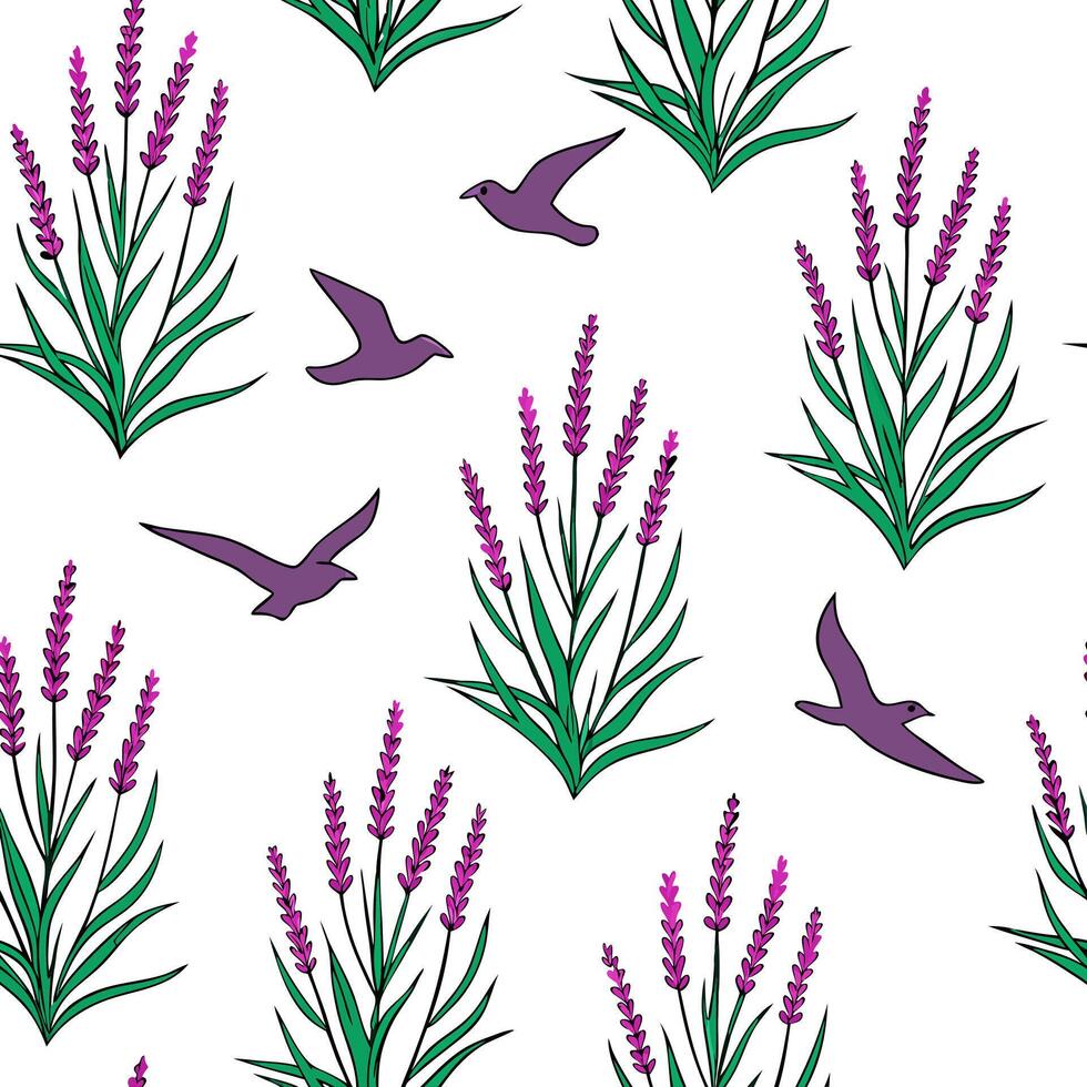 Heather and birds seamless pattern lively isolated white background ideal for nature themed textiles branding packaging concept as Lively heather and birds seamless pattern on a wh Clean Pro vector