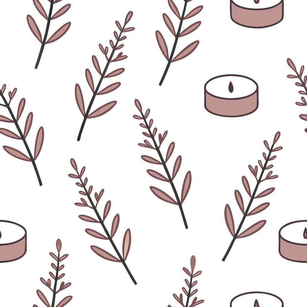 Heather and candles seamless pattern warm isolated white background ideal for cozy textiles branding packaging concept as Warm heather and candles seamless pattern on a white backg Clean Pro vector