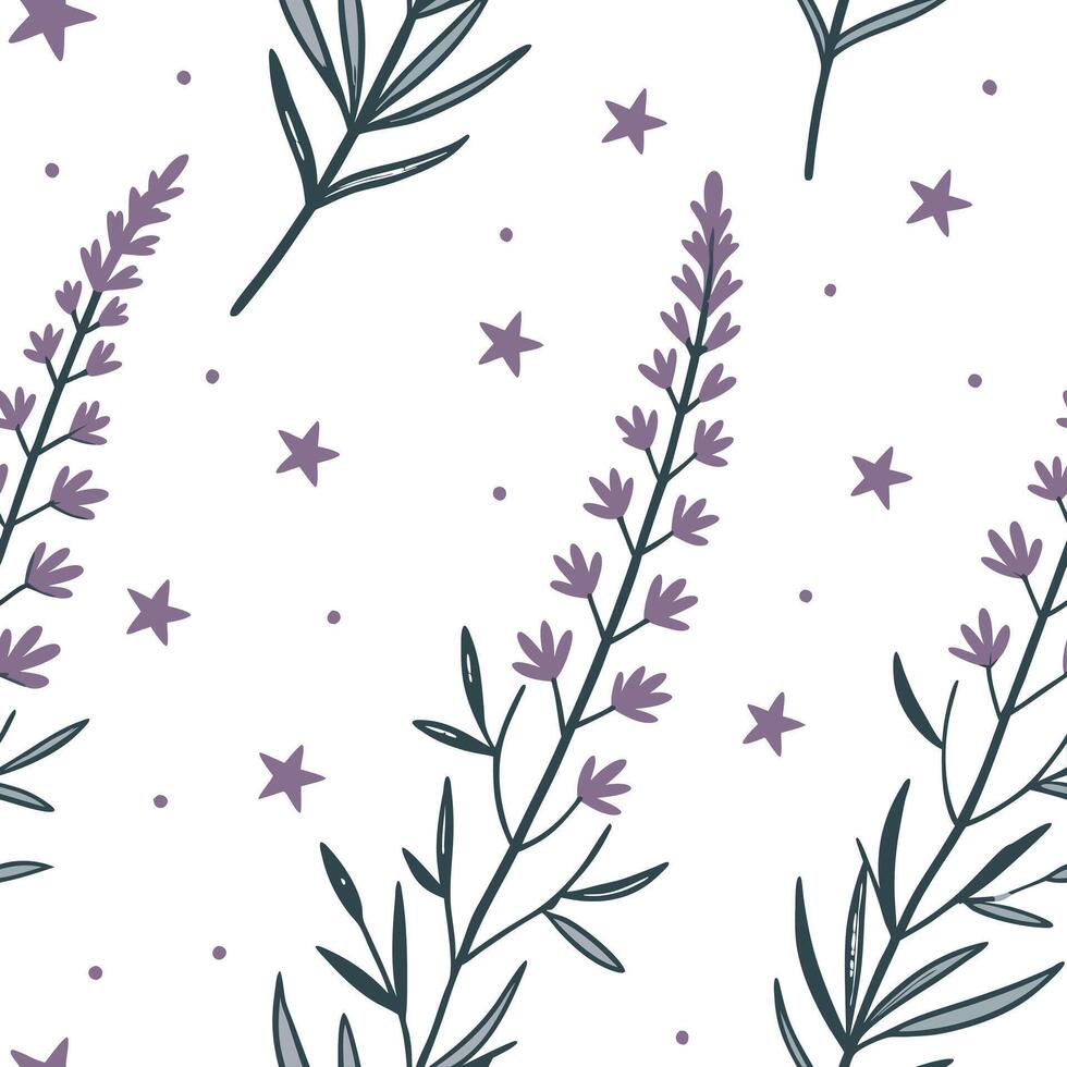 Heather and stars seamless pattern celestial isolated white background ideal for night textiles branding packaging concept as Celestial heather and stars seamless pattern on a whit Clean Pro 2 vector