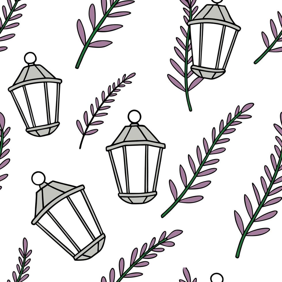 Heather and lanterns seamless pattern festive isolated white background perfect for holiday textiles branding packaging concept as Festive heather and lanterns seamless pattern on Clean Pro 2 vector