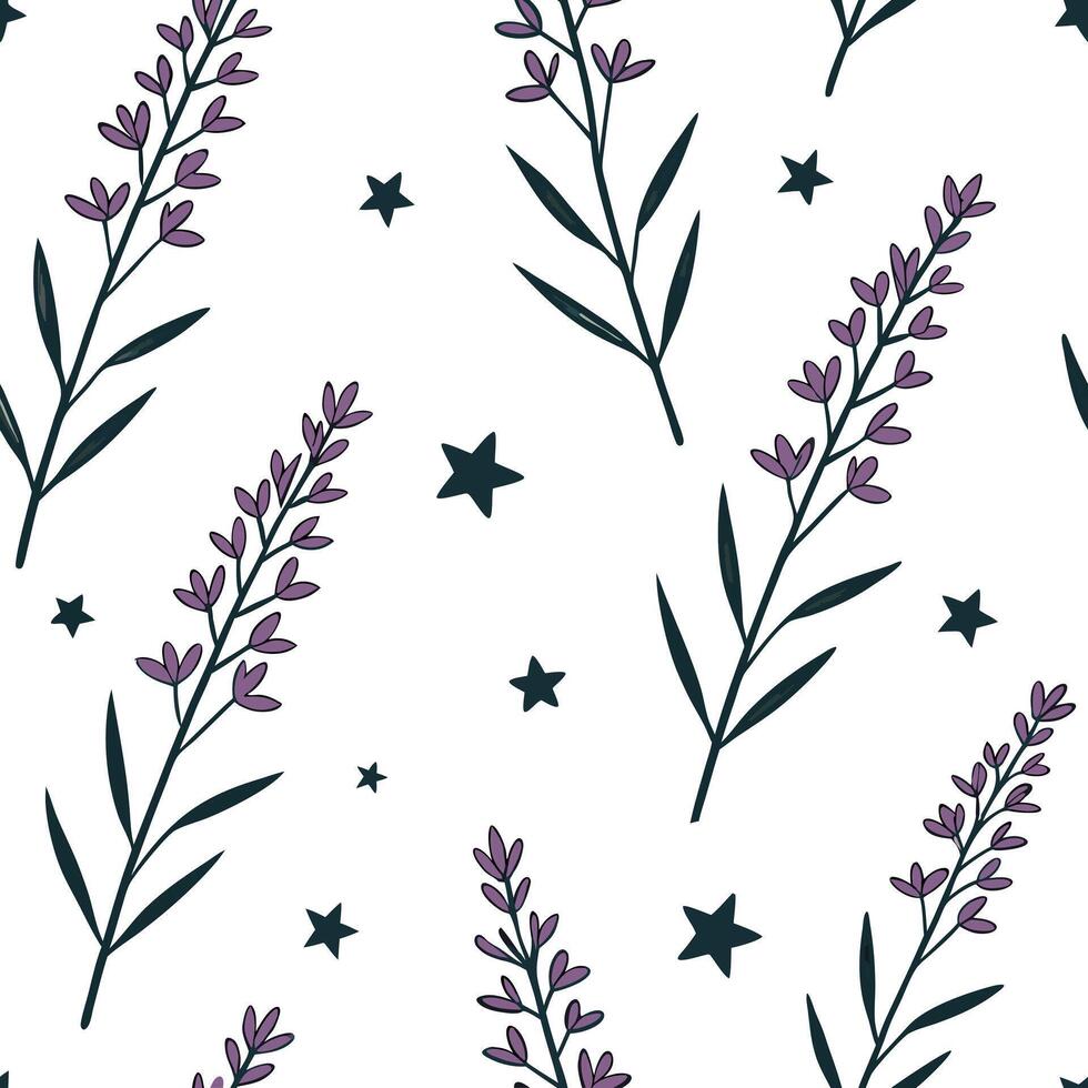 Heather and stars seamless pattern celestial isolated white background ideal for night textiles branding packaging concept as Celestial heather and stars seamless pattern on a whit Clean Pro vector
