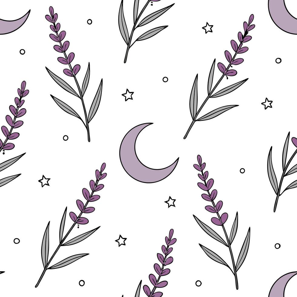 Heather and moons seamless pattern dreamy isolated white background ideal for mystical textiles branding packaging concept as Dreamy heather and moons seamless pattern on a white b Clean Pro vector