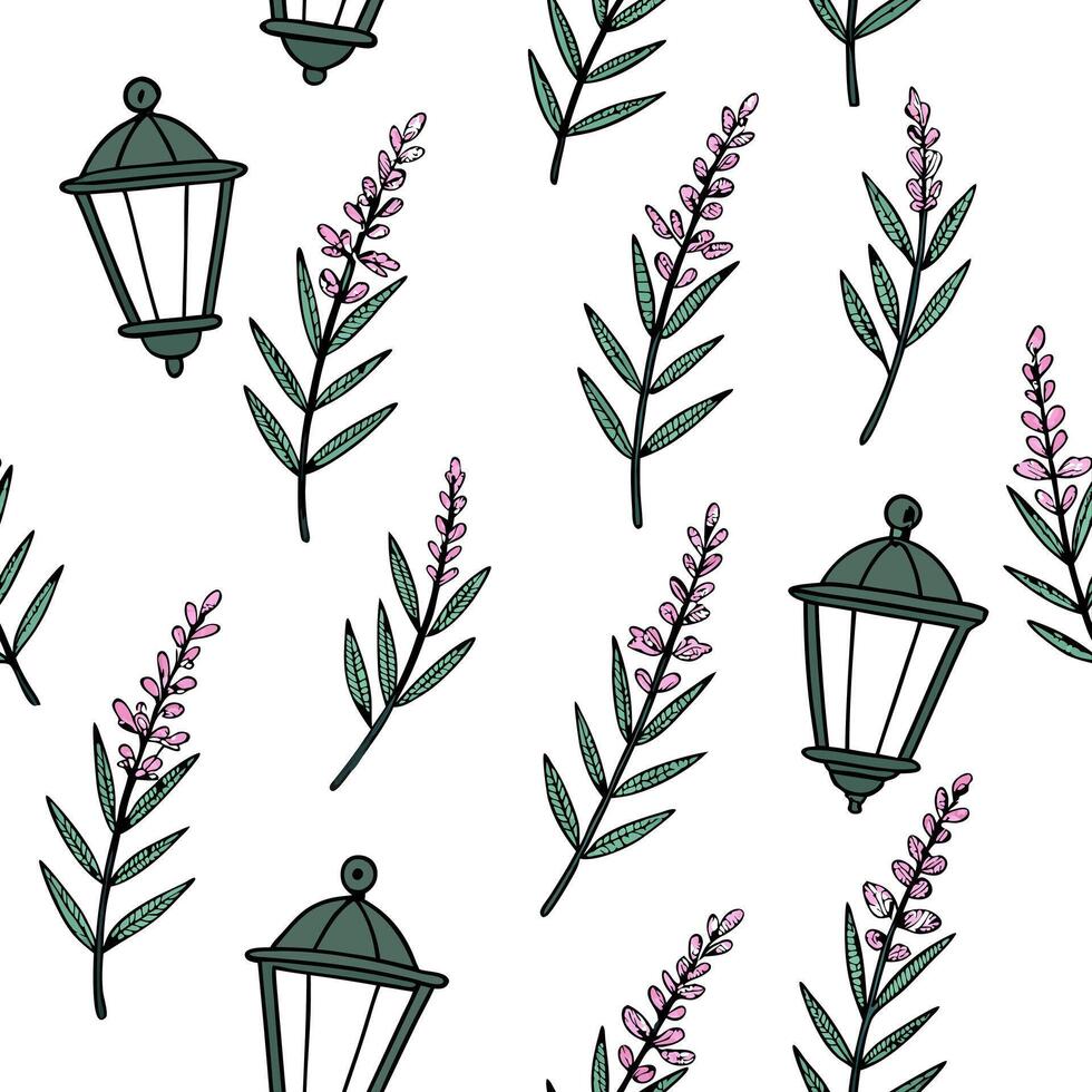 Heather and lanterns seamless pattern festive isolated white background perfect for holiday textiles branding packaging concept as Festive heather and lanterns seamless pattern on Clean Pro vector