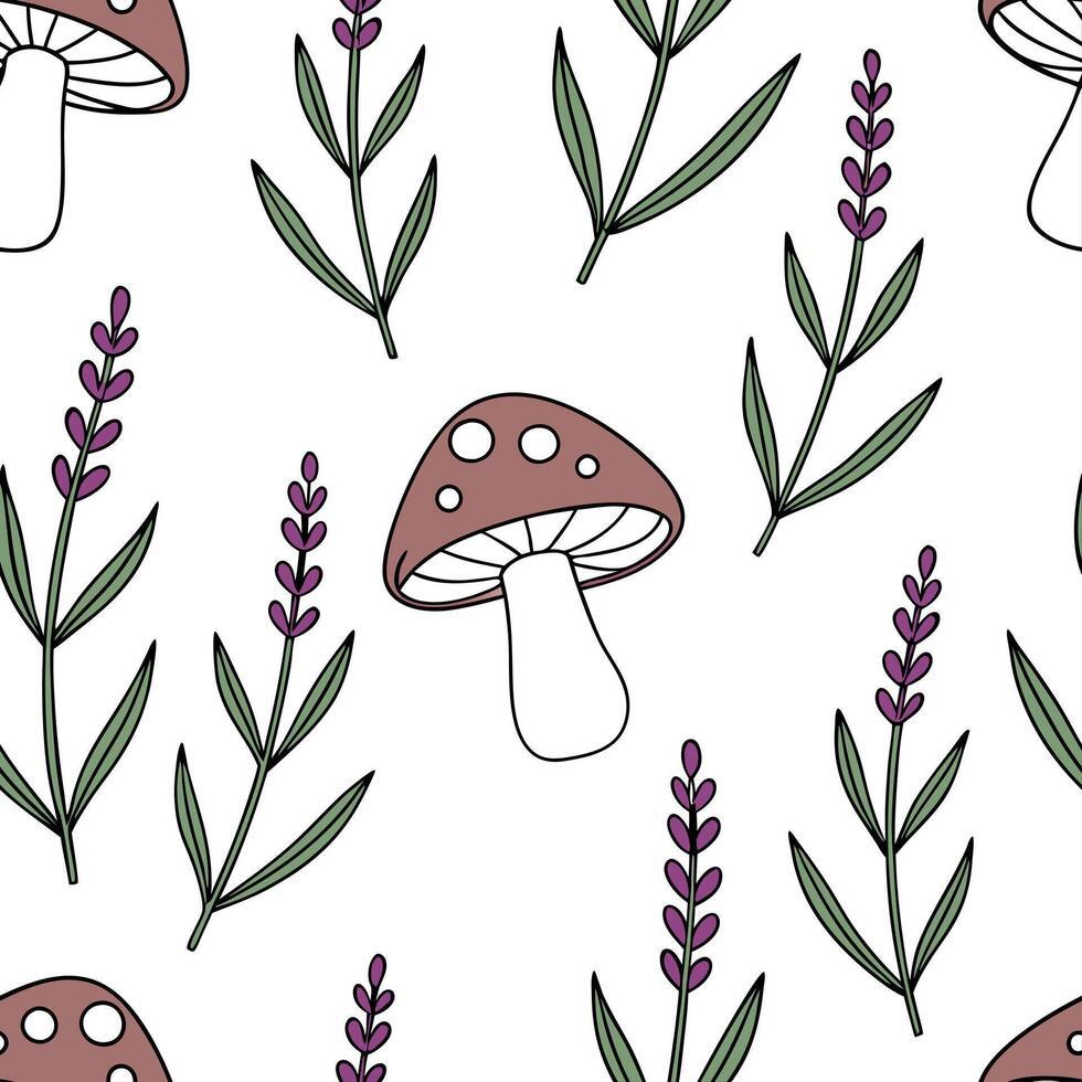 Heather and mushrooms seamless pattern enchanted isolated white background ideal for fairy tale textiles branding packaging concept as Enchanted heather and mushrooms seamless patt Clean Pro vector