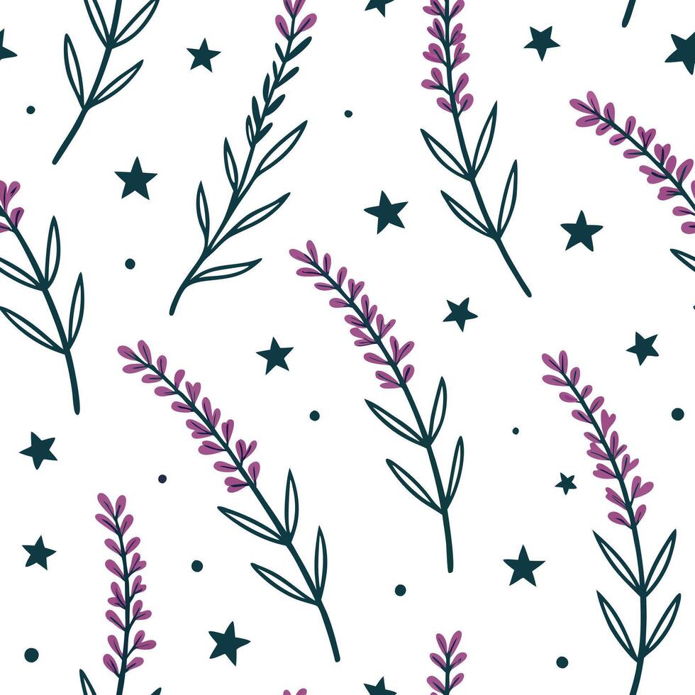 Heather and stars seamless pattern magical isolated white background perfect for night themed textiles branding packaging concept as Magical heather and stars seamless pattern on a Clean Pro vector