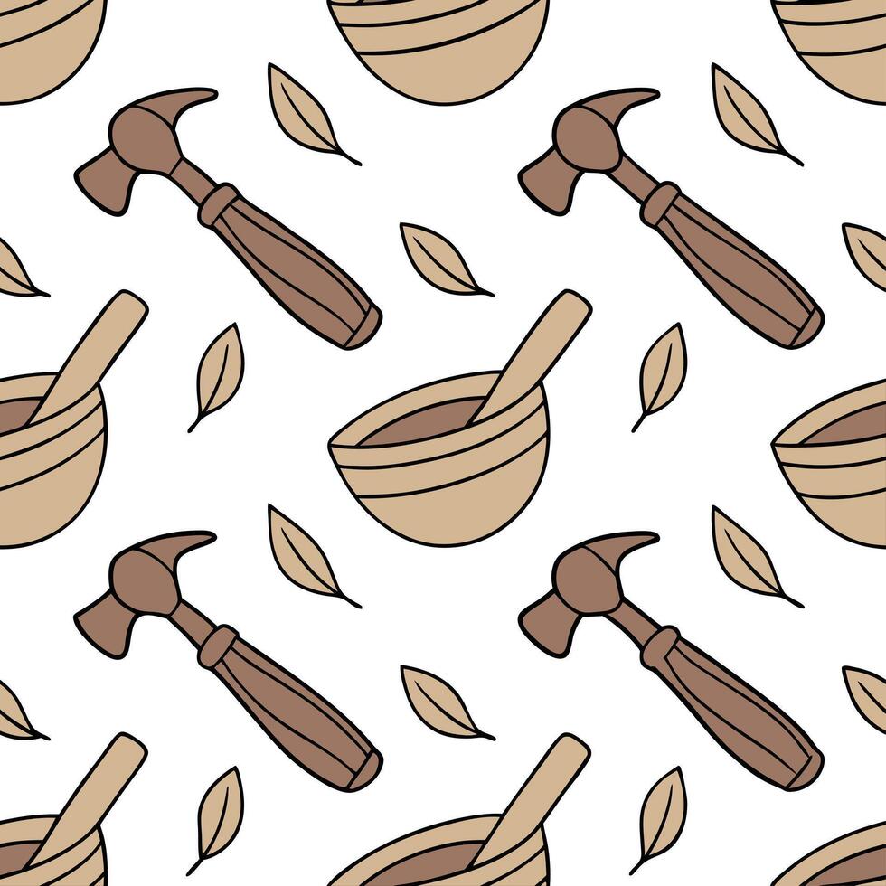 Heritage crafts and traditional tools seamless tile pattern with rustic tones concept as Rustic tones emphasize heritage crafts and traditional tools in seamless tile pattern in P Clean Pro vector