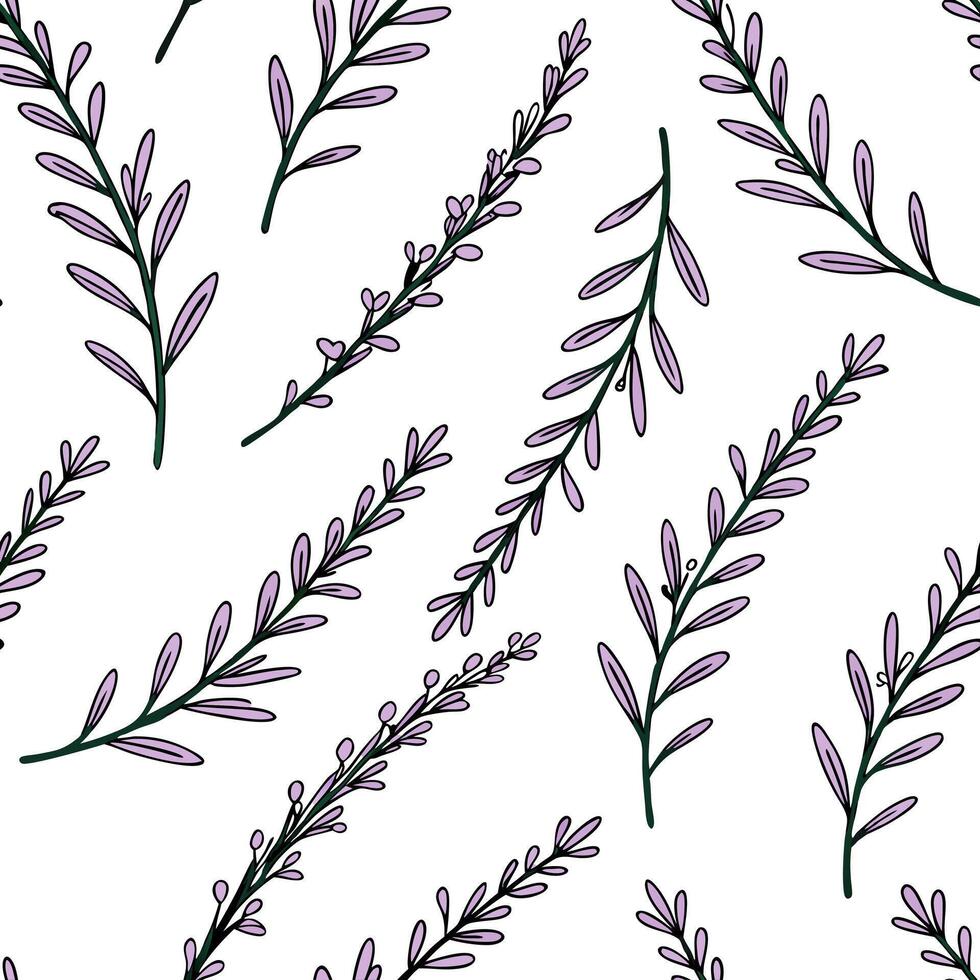 Heather sprigs seamless pattern elegant isolated white background ideal for wedding textiles branding packaging concept as Elegant heather sprigs seamless pattern on a white backgr Clean Pro vector