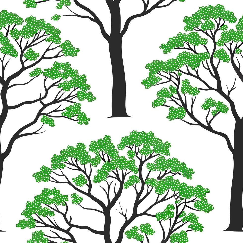 High contrast spring nature seamless pattern with bold tree trunks and vibrant greenery for dynamic spring designs concept as Bold spring nature pattern with strong tree trunks and Clean Pro vector
