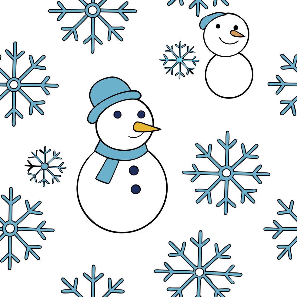 Icy snowflake and snowman seamless tile pattern with playful winter elements and cool tones concept as Playful snowmen paired with icy snowflakes create a seamless tile pattern wit Clean Pro vector