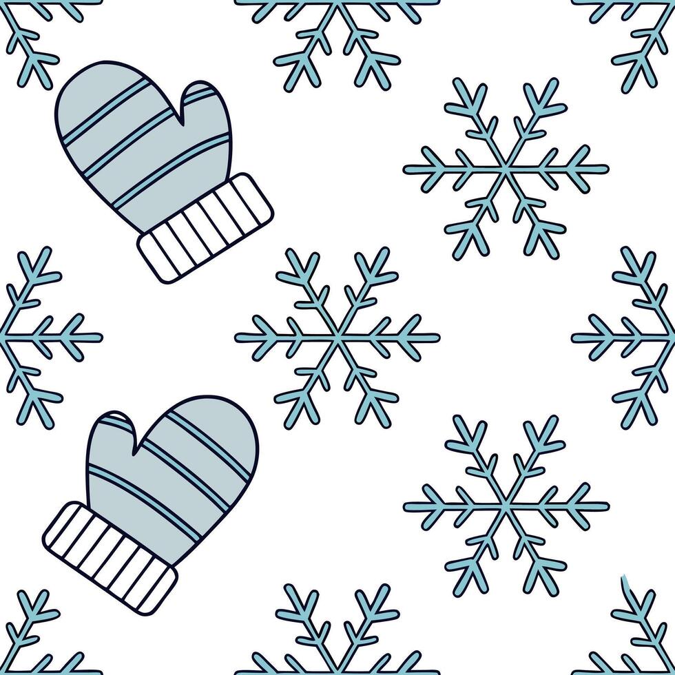 Icy snowflake and mitten seamless tile pattern with cool blue and white tones concept as Cool blue and white tones highlight icy snowflakes paired with cozy mittens in a seamless t Clean Pro vector