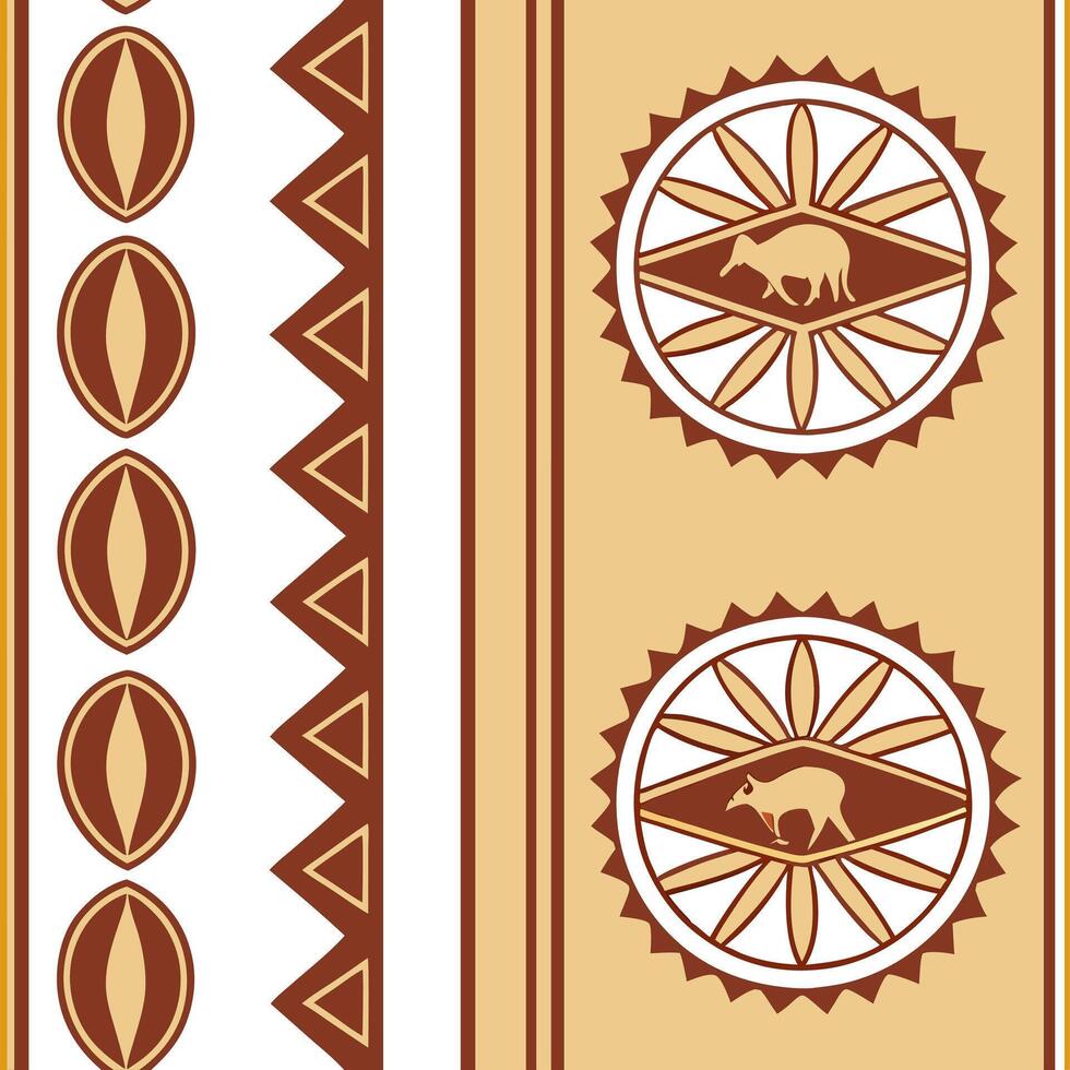 Incorporate local African village symbols into seamless tile patterns focusing on storytelling motifs and earthy color schemes concept as Create seamless tiles using African villa Clean Pro vector
