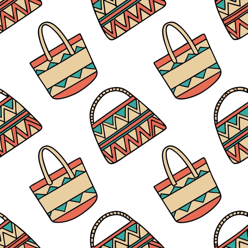Incorporate ethnic inspired bags and pouches into seamless tile designs using vibrant patterns and traditional fabrics concept as Feature ethnic bags and pouches in seamless patte Clean Pro vector
