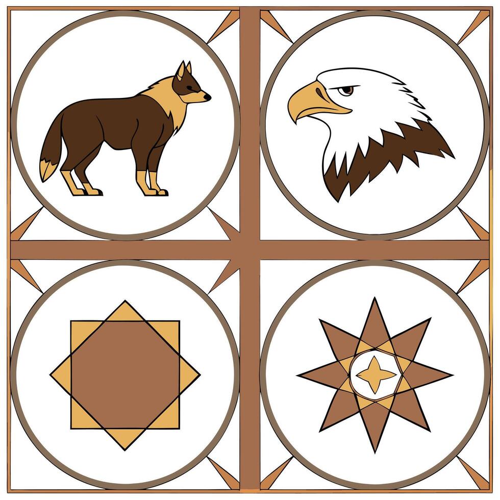 Incorporate North American wildlife such as bison coyotes and bald eagles into a seamless tile pattern with rustic earthy colors and geometric designs concept as Create a rustic t Clean Pro vector