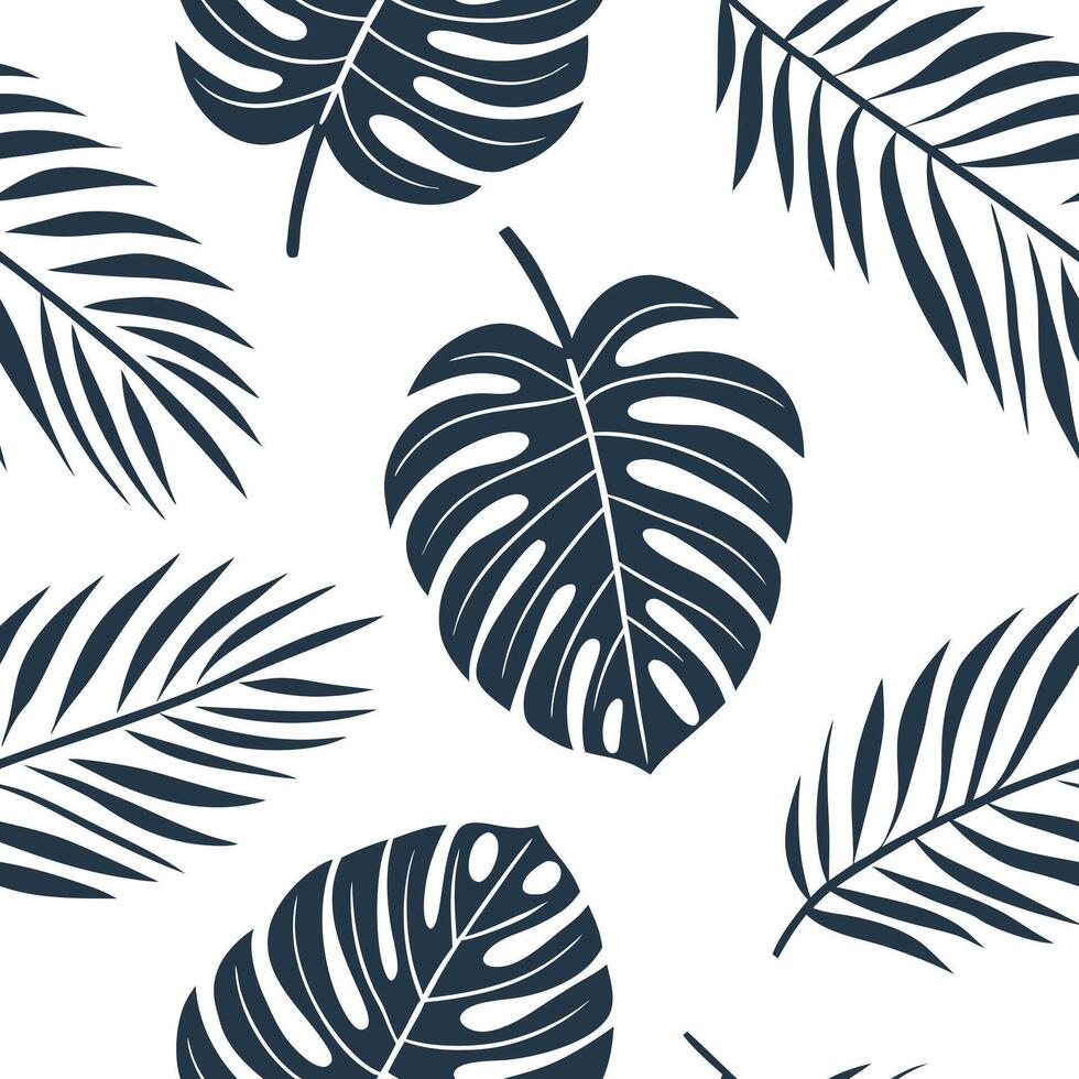 Modern minimalist tropical leaves seamless tile pattern with simple monstera and palm outlines on a white background for sleek homes concept as Simple monstera and palm outlines on Clean Pro vector