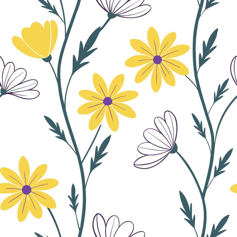 New bloom flowers seamless tile pattern with bright yellow and soft purple hues representing a new season concept as Bright yellow and soft purple flowers bloom in a seamless tile Clean Pro vector