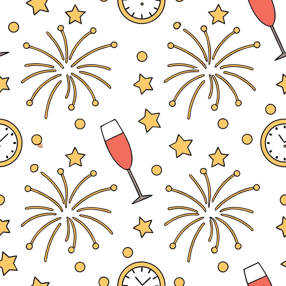 New Year celebration seamless tile pattern with fireworks champagne glasses and festive countdown vibes concept as Fireworks champagne glasses clocks and glittering gold create a s Clean Pro vector