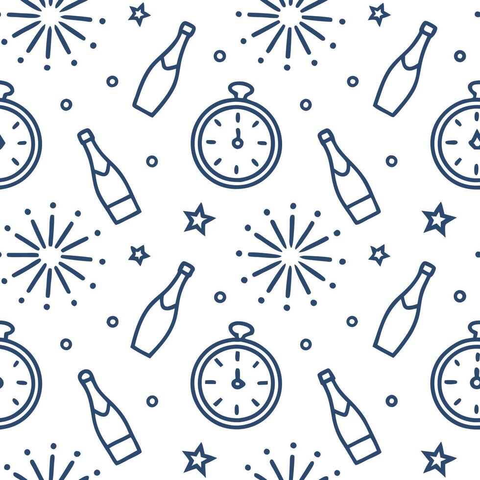 New Year seamless pattern with clocks fireworks and champagne bottles to mark the countdown to the New Year concept as Time themed New Year pattern featuring clocks fireworks and c Clean Pro vector