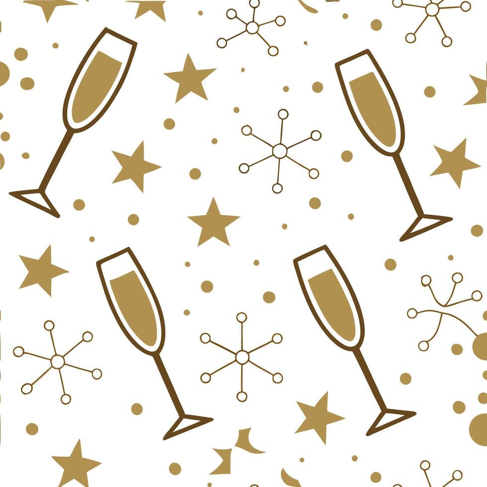 New Year seamless pattern with gold confetti sparkling stars and champagne glasses for an upscale New Year Eve look concept as Upscale New Year pattern with gold confetti sparkling Clean Pro vector