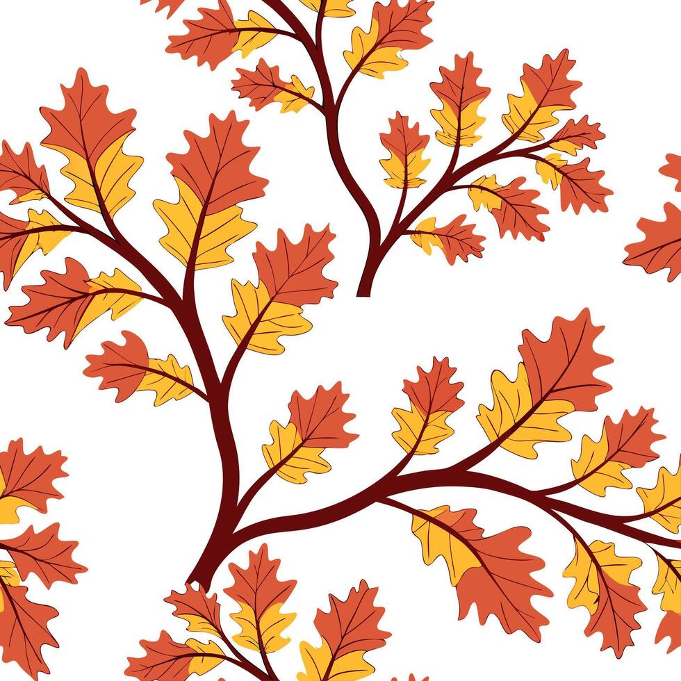 Oak tree seamless tile pattern with detailed branches and rich autumn colors for classic home decor concept as Detailed oak tree branches in rich autumn colors arranged seamlessly Clean Pro vector
