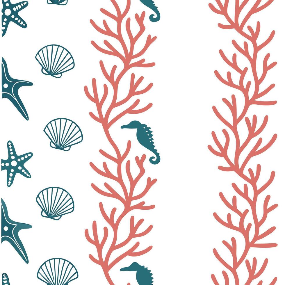 Ocean inspired summer seamless tile pattern with coral reefs and sea creatures for coastal decor concept as Coral reefs and sea creatures arranged in a seamless pattern perfect for Clean Pro vector