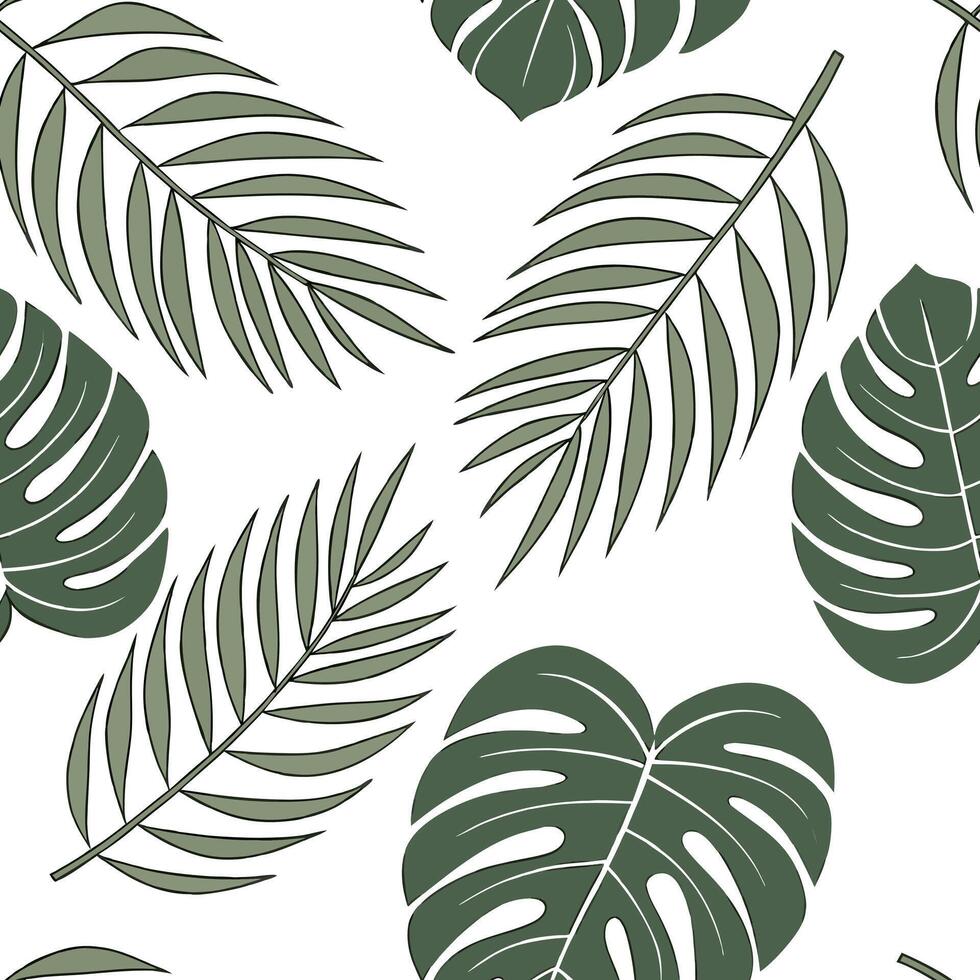 Organic tropical leaves seamless tile pattern with freeform monstera and palm shapes and natural green hues for natural themed spaces concept as Freeform monstera and palm shapes w Clean Pro vector