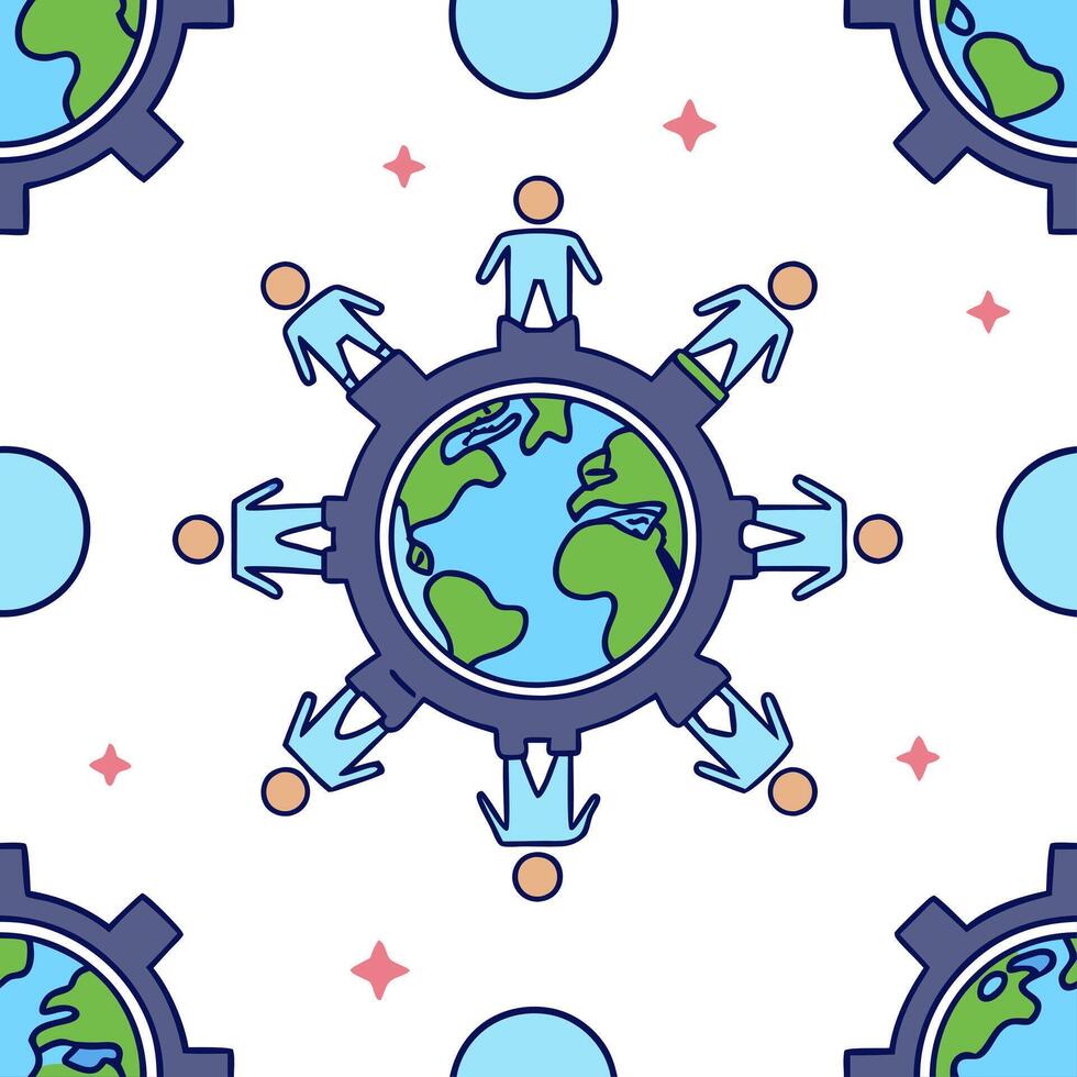 People with Earth and Business Process Reviews concept as A group of people reviewing business processes with an earth model set against a dreamy background offering ample space fo Clean Pro vector