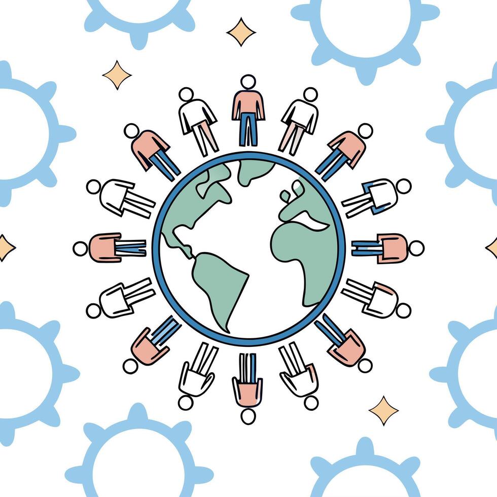 People with Earth and Business Process Overviews concept as A group of people discussing business process overviews with an earth model set against a whimsical background offering Clean Pro vector