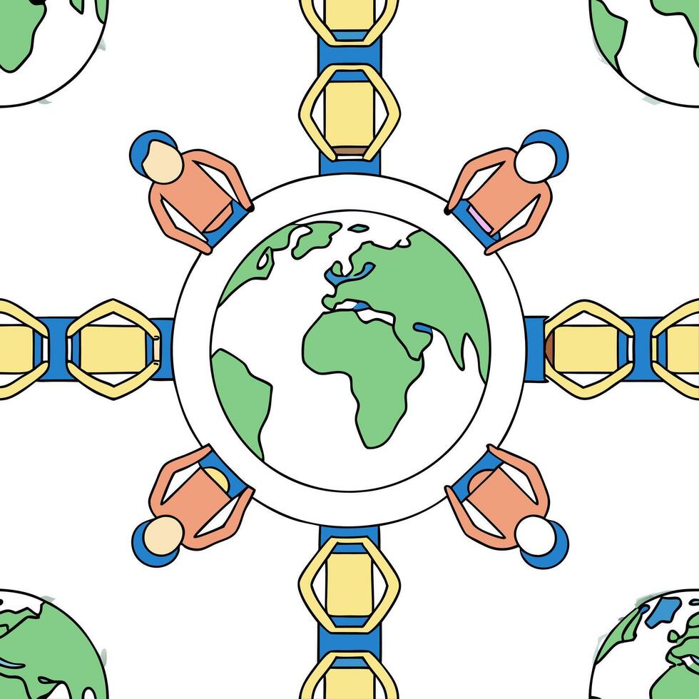 People with Earth and Business Process Planning concept as A group of people planning business processes with an earth model set against a dreamy background offering ample space fo Clean Pro vector