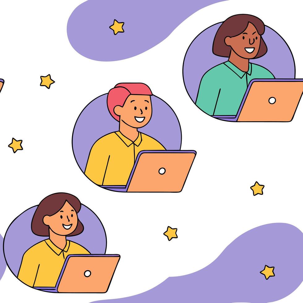 People with Floating Conference Tools and Joyful Faces concept as A group of people using floating conference tools with joyful faces set against a fantastical background offering Clean Pro 2 vector