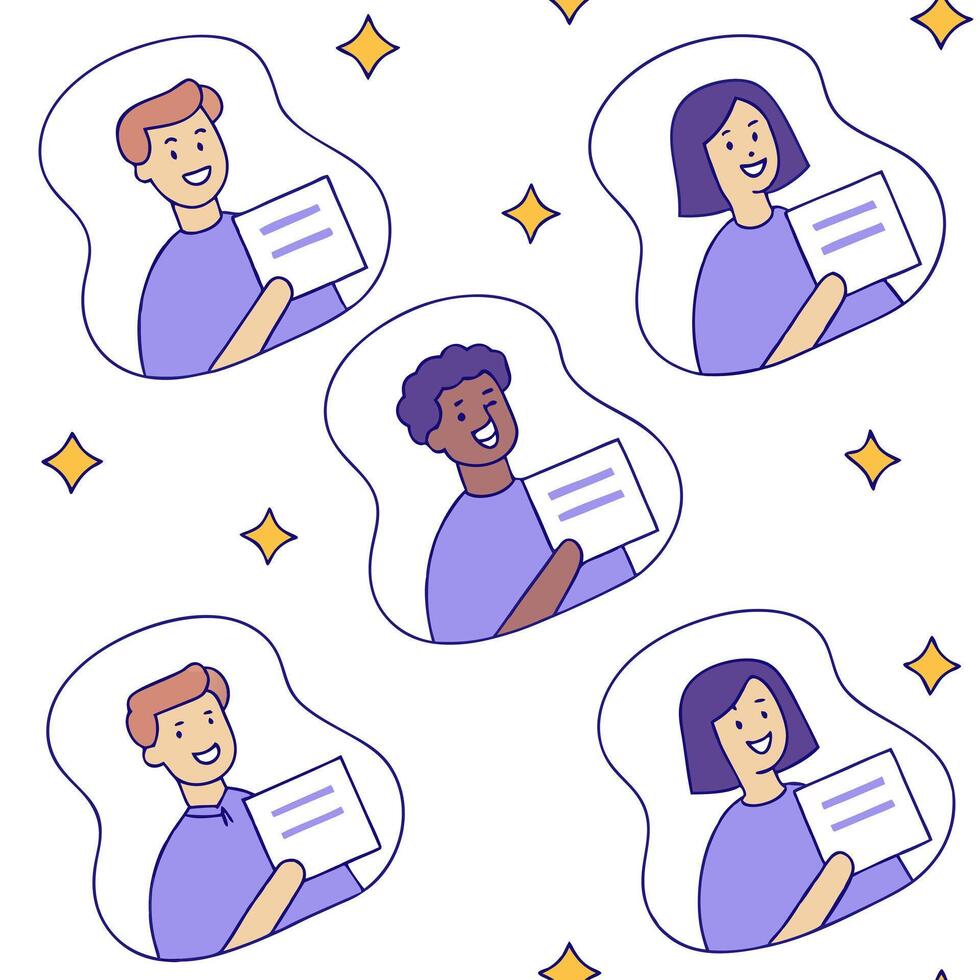 People with Floating Job Fair Invitations and Joyful Faces concept as A group of people holding floating job fair invitations with joyful faces set against a dreamy background offe Clean Pro vector