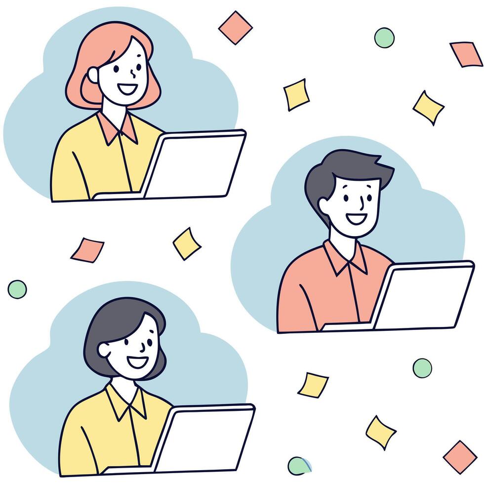 People with Floating Meeting Notes and Joyful Faces concept as A group of people using floating meeting notes with joyful faces set against a dreamy background offering ample space Clean Pro vector