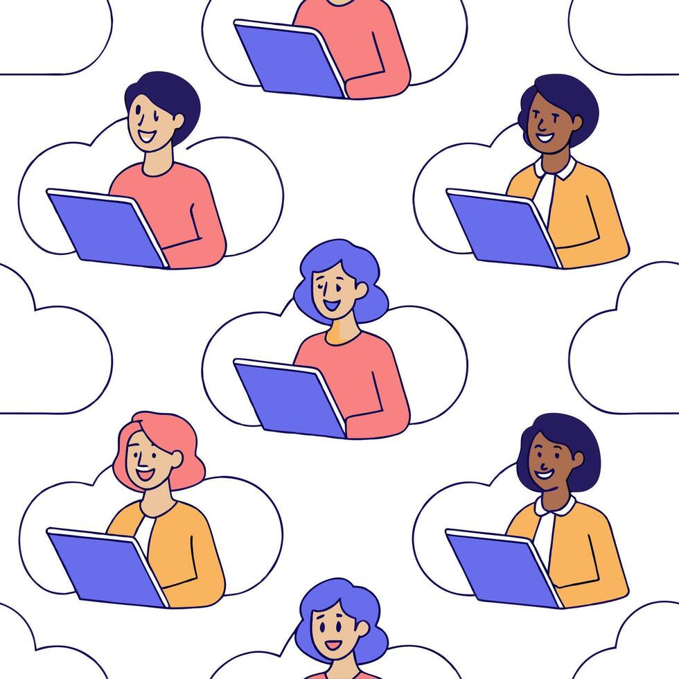 People with Floating Meeting Tools and Joyful Expressions concept as A group of people using floating meeting tools with joyful expressions set against a whimsical background offer Clean Pro vector