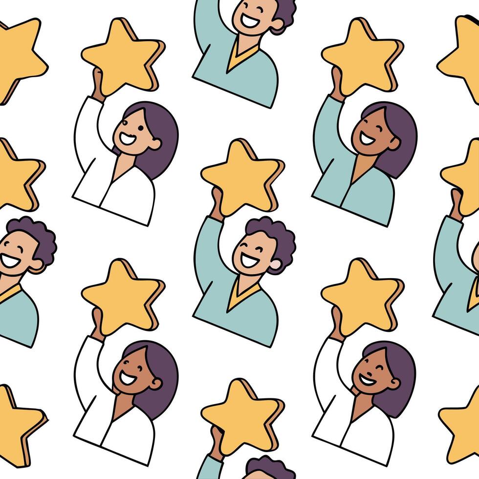 People with Floating Performance Awards and Joyful Faces concept as A group of people holding floating performance awards with joyful faces set against a fantastical background off Clean Pro vector