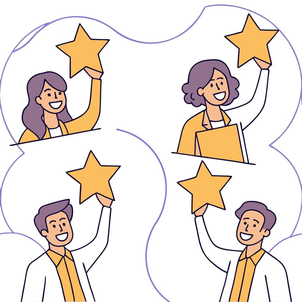 People with Floating Performance Reviews and Joyful Expressions concept as A group of people holding floating performance reviews with joyful expressions set against a dreamy backg Clean Pro 2 vector