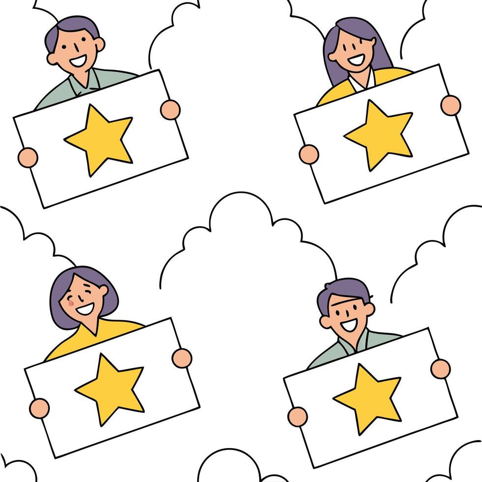 People with Floating Review Charts and Joyful Expressions concept as A group of people holding floating review charts with joyful expressions set against a dreamy background offeri Clean Pro vector