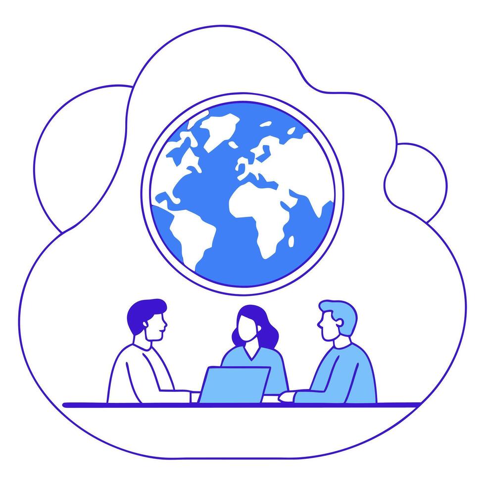 People with Watercolor Earth and Digital Service Solutions concept as A group of people discussing digital service solutions with a watercolor earth model set against a dreamy back Clean Pro 3 vector
