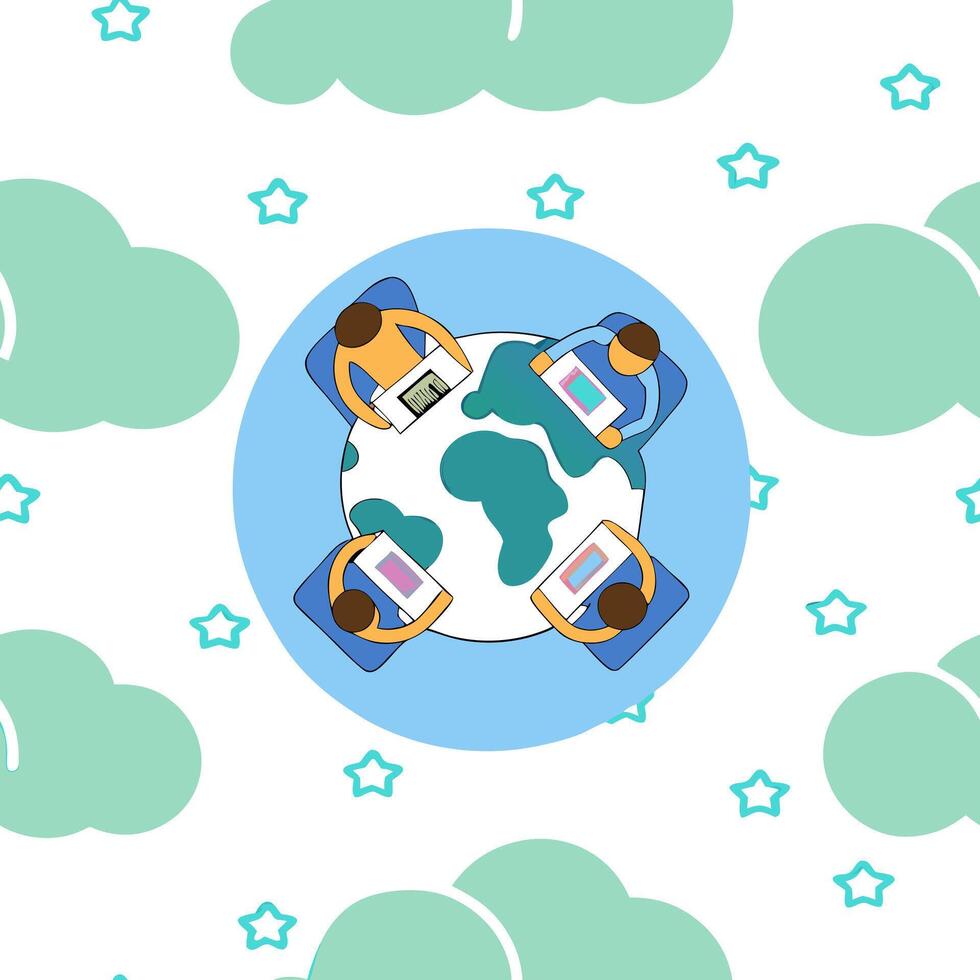 People with Watercolor Earth and Digital Service Solutions concept as A group of people discussing digital service solutions with a watercolor earth model set against a dreamy back Clean Pro 4 vector