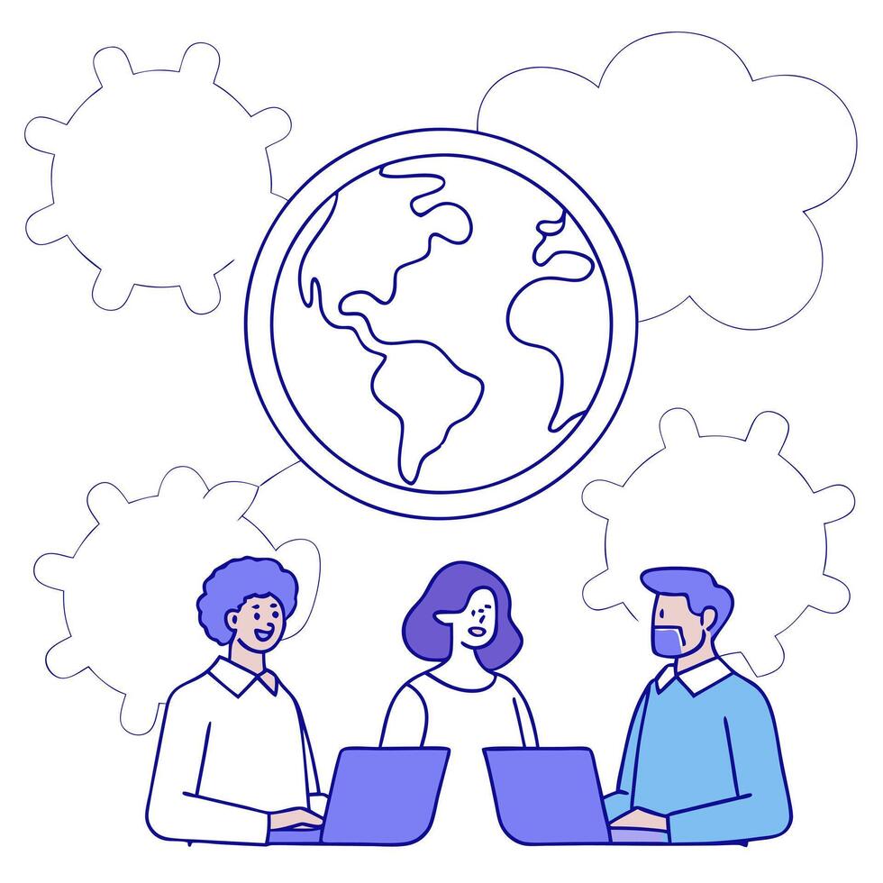 People with Watercolor Earth and Service Mind Projects concept as A group of people developing service mind projects with a watercolor earth model set against a dreamy background o Clean Pro vector