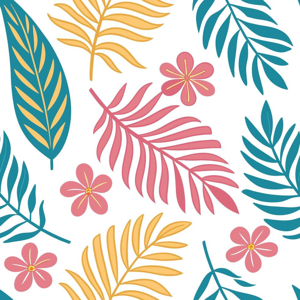 Playful summer leaves seamless pattern with colorful tropical leaves and flowers for vibrant spaces concept as Colorful tropical leaves and flowers arranged seamlessly for a playfu Clean Pro 2 vector