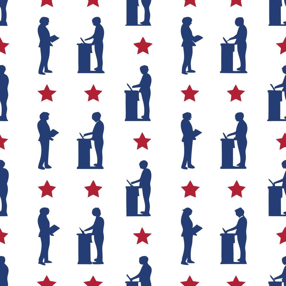 Poll worker silhouette tiles concept as Cartoon silhouettes of poll workers in various poses forming a seamless pattern Camera pans across the tiles showcasing different activitie Clean Pro vector