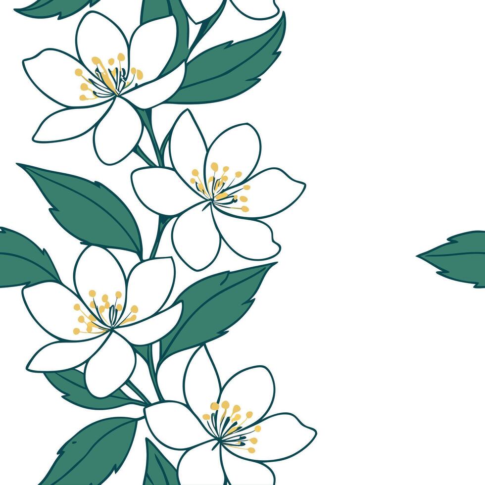 Pretty jasmine seamless tile pattern with delicate white petals and fragrant blossoms concept as Delicate jasmine blossoms with white petals create a soft fragrant seamless tile pa Clean Pro vector