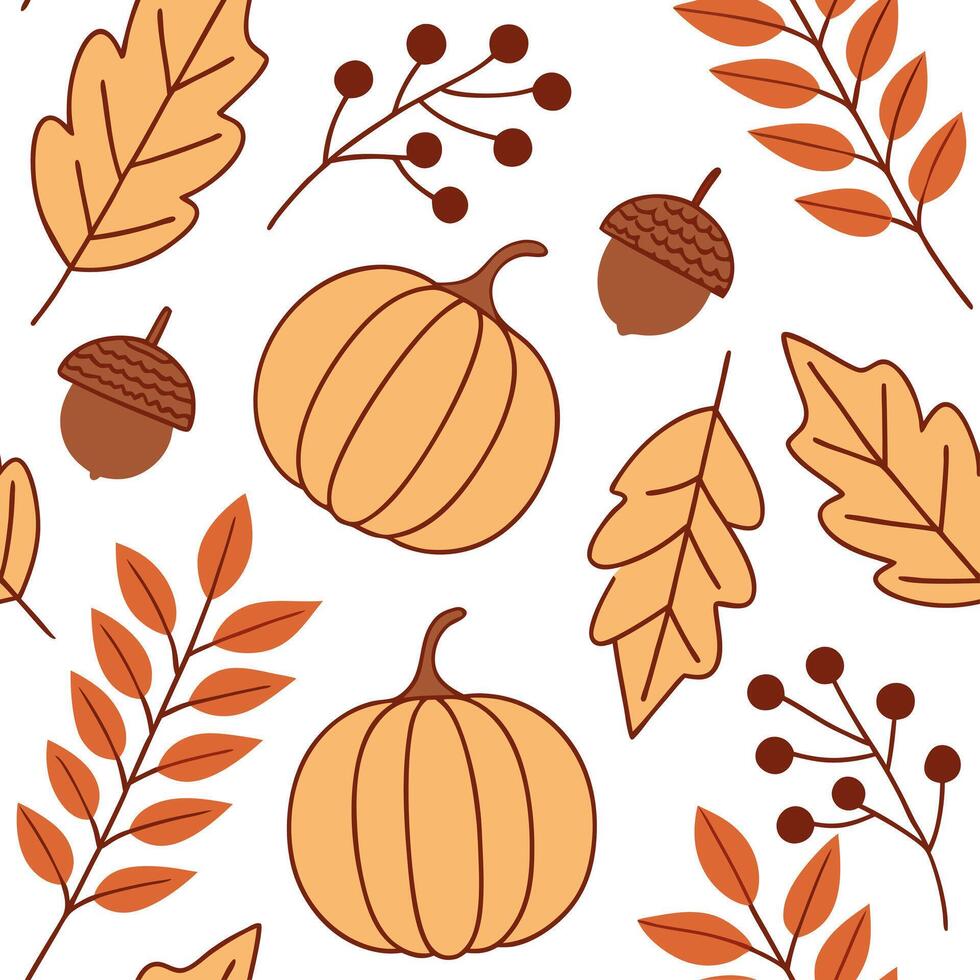 Pumpkin and acorn seamless tile pattern with autumn elements and warm tones for seasonal decor concept as Pumpkins and acorns combined with other autumn elements in warm tones arra Clean Pro vector