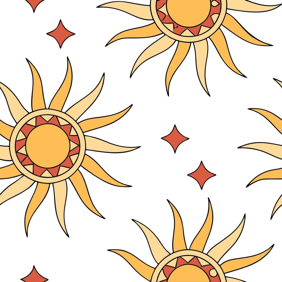 Radiant summer sun seamless tile pattern with golden rays and sunset hues for peaceful sunlit spaces concept as Golden rays and sunset hues arranged seamlessly to bring a peaceful Clean Pro vector