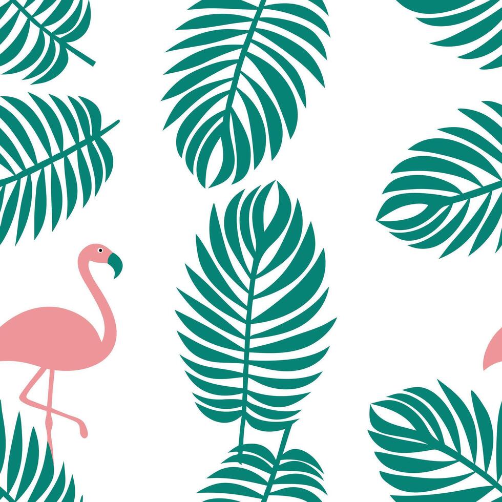 Refreshing summer seamless pattern with tropical palm leaves and flamingos for a lively tropical vibe concept as Tropical palm leaves and flamingos arranged in a seamless pattern f Clean Pro vector