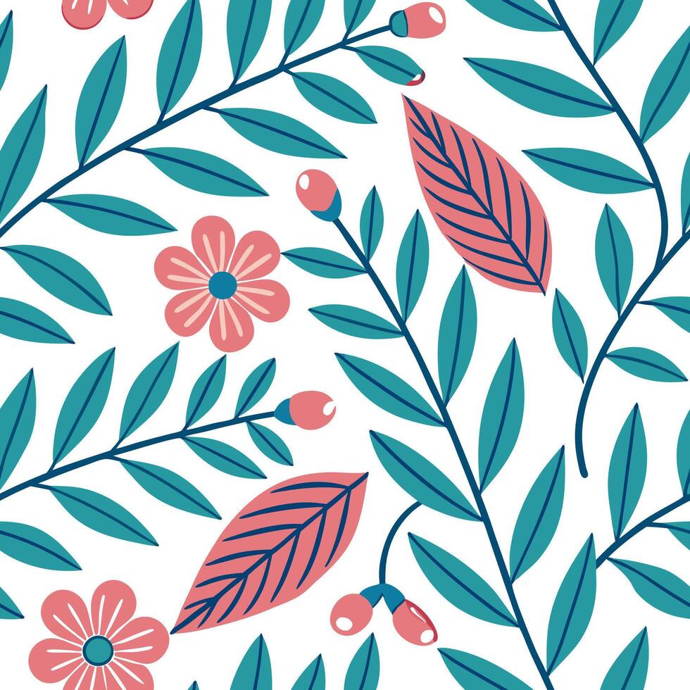 Retro botanical seamless pattern with bold colors for lively interiors concept as Vibrant botanical elements in a retro seamless pattern bringing energy and life to interiors in P Clean Pro vector