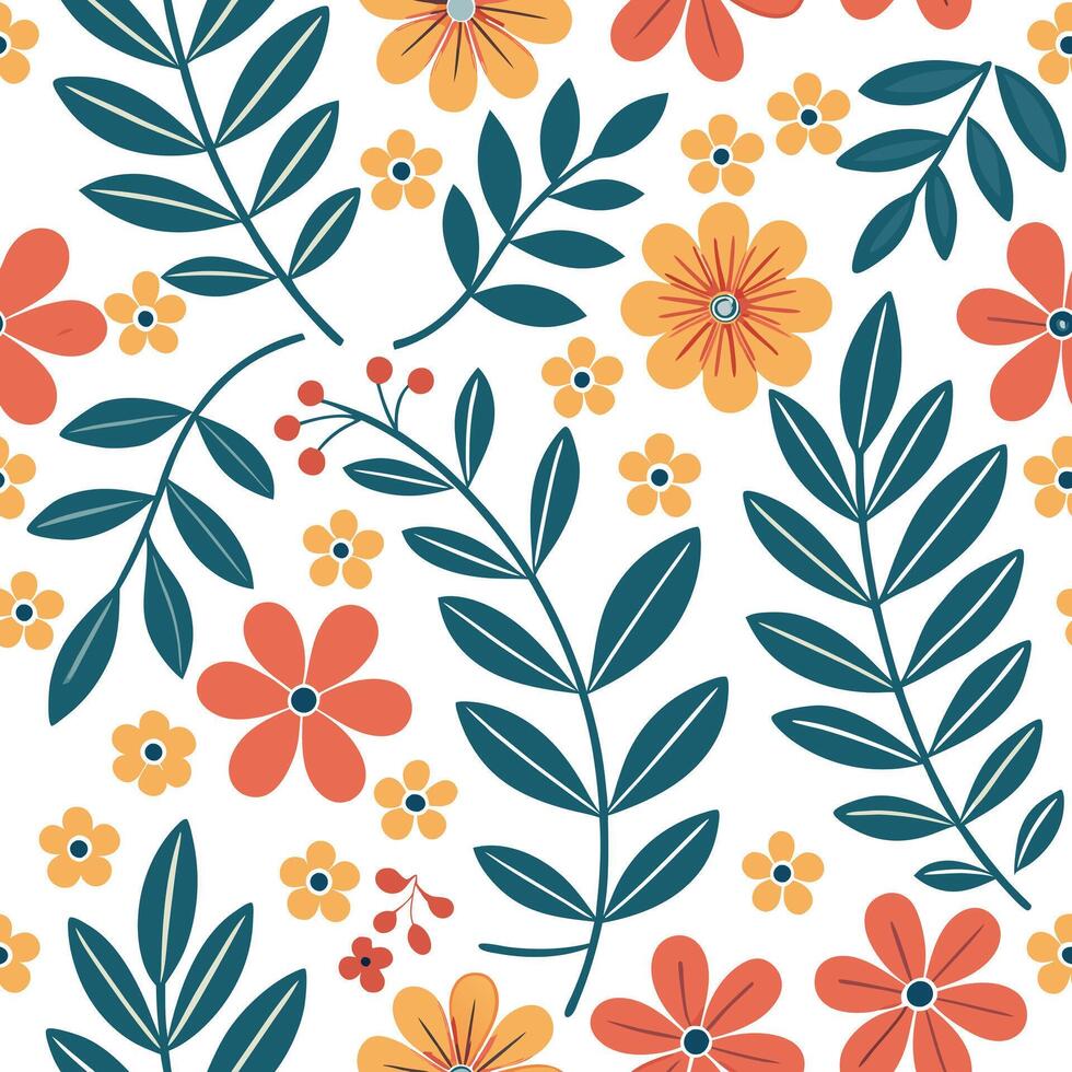 Retro floral seamless pattern with vibrant hues for dynamic spaces concept as Bright and vibrant floral elements in a retro seamless pattern adding energy to dynamic interiors in Clean Pro vector