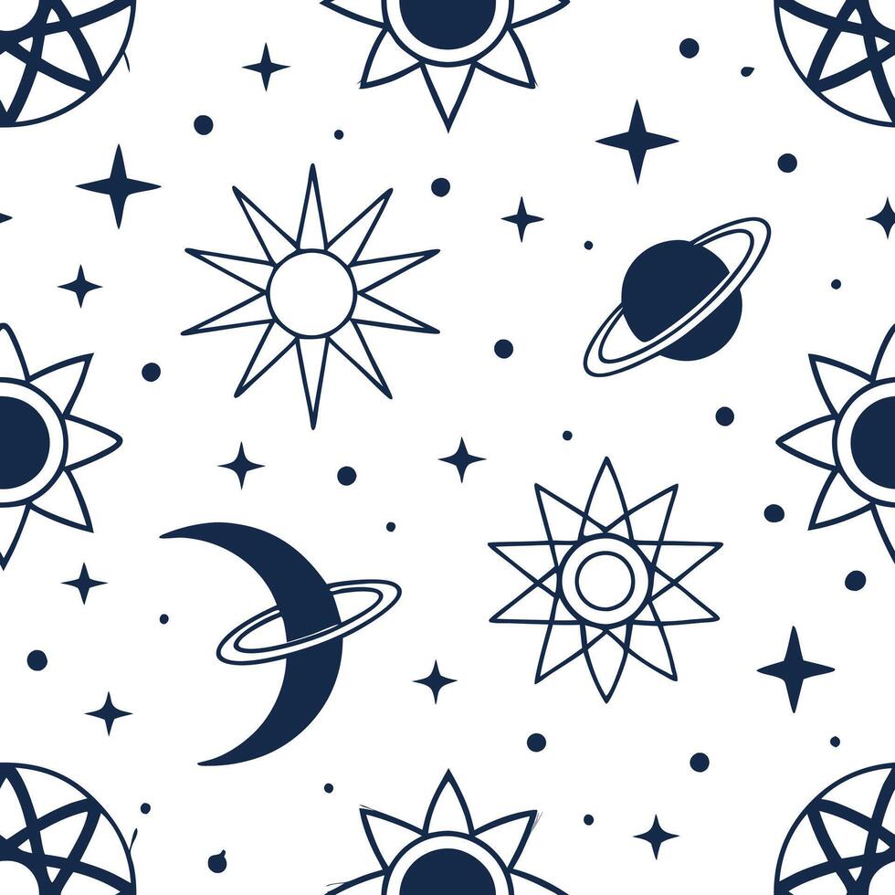 Retro geometric seamless tile pattern celestial motifs on white background perfect for mystical decor concept as Designing seamless tile with retro geometric patterns and celestial Clean Pro vector