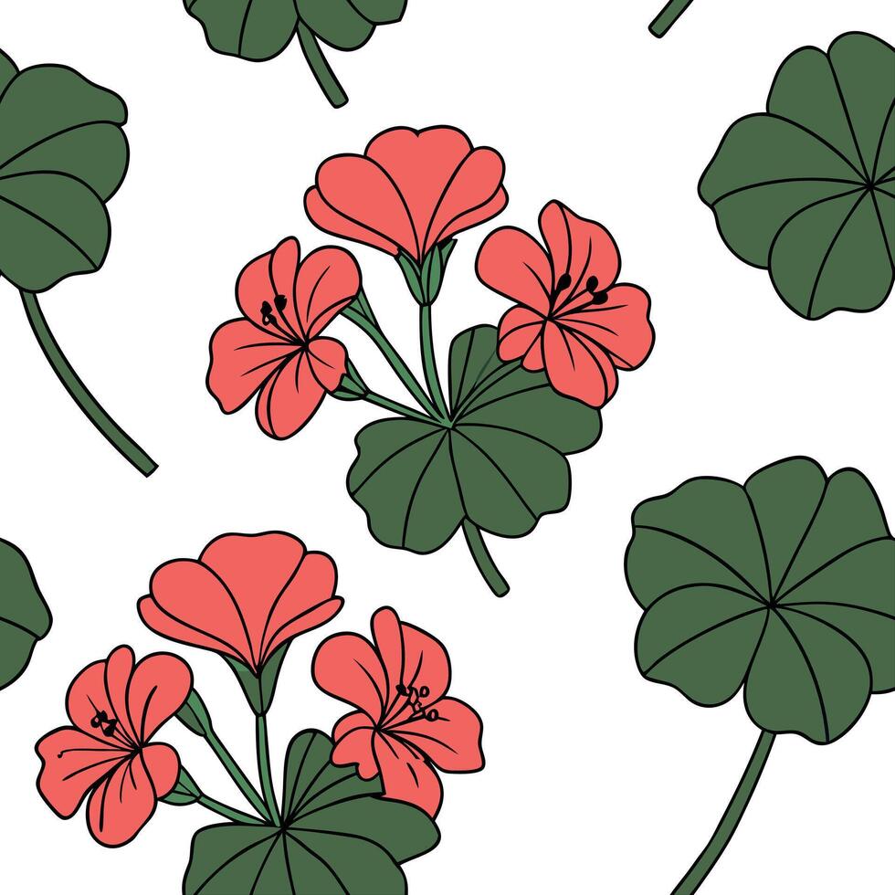Retro pop art geranium seamless pattern with bold outlines and vibrant colors on white concept as Bold outlined pop art geraniums with vibrant colors creating a retro seamless patt Clean Pro vector
