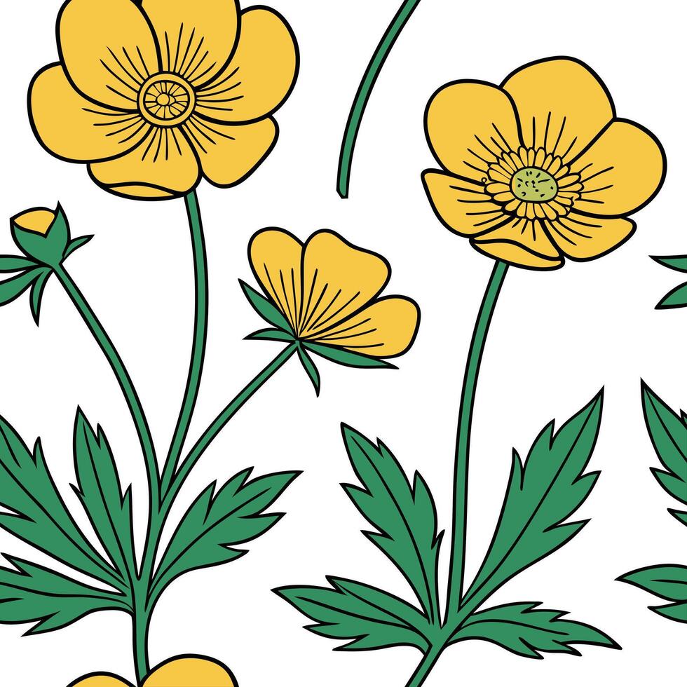 Retro pop art buttercup seamless pattern with bold outlines and vibrant colors on white concept as Bold outlined pop art buttercups with vibrant colors creating a retro seamless pa Clean Pro vector